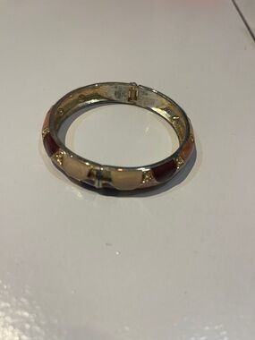 Gold-Tone Brown & Cream Enamel Hinged Bangle Bracelet costume jewlery